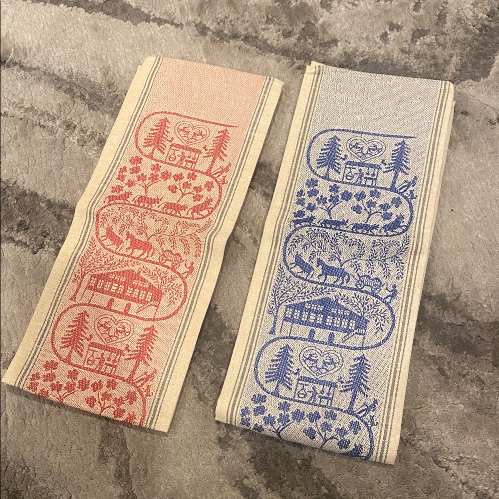 Swiss Scherenschnitt Appenzell Farm Kitchen Towels - Set of 2 (Red & Blue - Picture 2 of 10